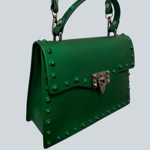 Green Studded Jelly Satchel Top Handle Crossbody Bag Rivet Lock Y2K - Picture 12 of 16